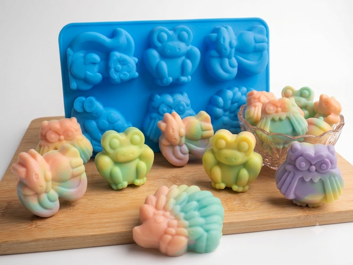 Colourful animal-themed soap moulds and handmade soaps